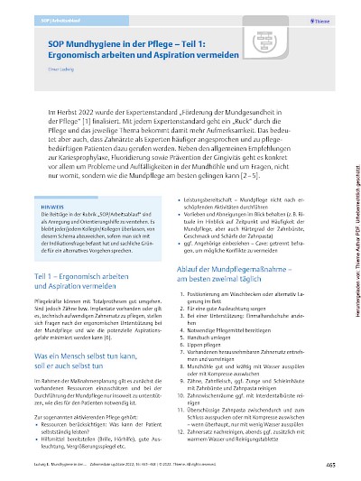 Presse Veröffentlichungen SOP Mundhygiene in der Pflege - Teil 1: Ergonomisch arbeiten und Aspiration vermeiden, in: Zahnmedizin up2date 2022, Thieme, S. 465-468